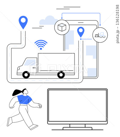 Logistics, transportation tracking, delivery services, supply chain management, smart technology, digital navigation. Truck with GPS markers, mobile device and person walking. Logistics 136128198