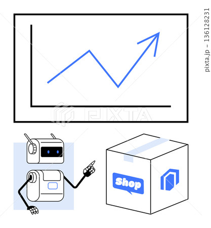 E-commerce, online shopping, delivery robots, technological trends, business growth, logistics innovation. A robot pointing at a rising graph with a shipping box. E-commerce and business growth 136128231