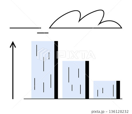 Business growth, progress, data visualization, analysis, trends, success. Minimalist bar chart with an upward arrow and cloud in the background. Growth and data visualization 136128232