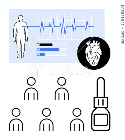 Medical services, cardiology, healthcare data, patient monitoring, diagnostics, pharmaceutical tools. Heart diagram with a health chart, group icons medical dropper. Healthcare and cardiology 136128233