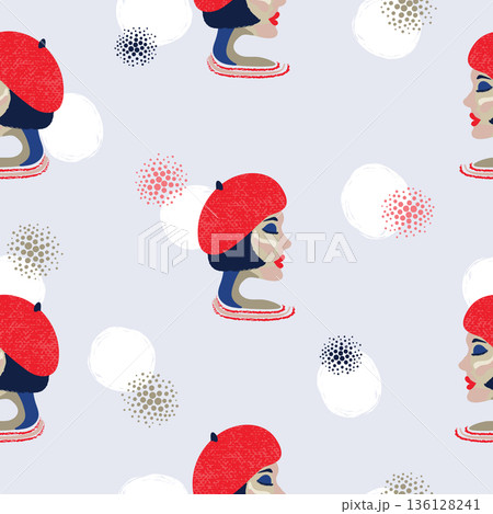 Seamless pattern with portrait of French woman 136128241