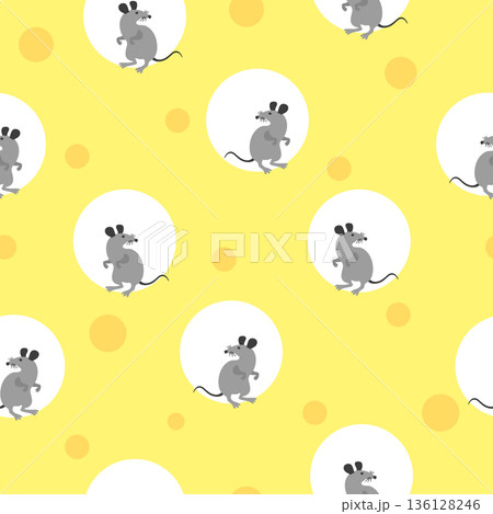 Seamless cheese pattern with cute rats. Vector background with mice 136128246