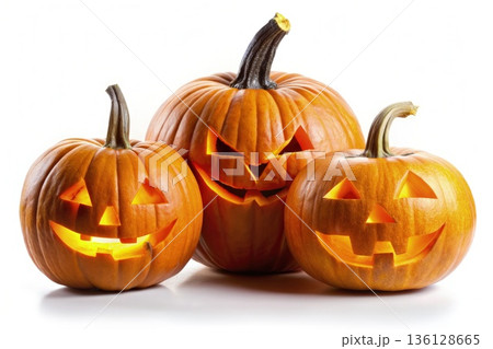 Three Lit Jack-O-Lantern Pumpkins Isolated on White Background. Generative AI 136128665