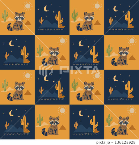 Seamless raccoon desert pattern in squares Seamless raccoon desert pattern in squares 136128929
