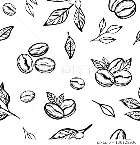 Seamless vector pattern with coffee beans and leaves in line art style 136128936