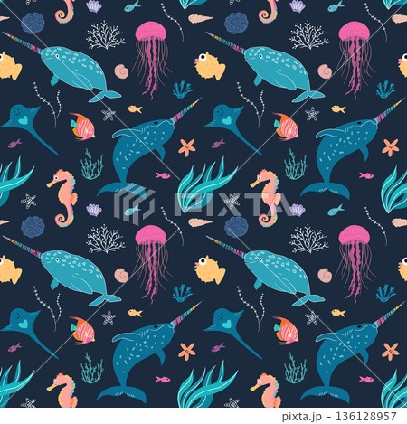 Seamless vector pattern with narwhals jellyfish seahorses and ocean fish 136128957