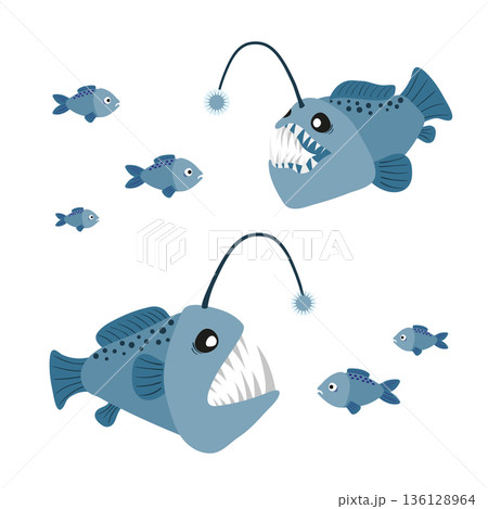 Cartoon angler fish set. Vector illustration of anglerfish characters Cartoon angler fish set. Vector illustration of anglerfish characters 136128964