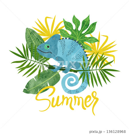 Cute chameleon and tropical leaves. Watercolor summer vector illustration Cute chameleon and tropical leaves. Watercolor summer vector illustration 136128968