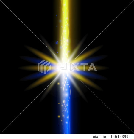 Yellow-blue glowing wave with radiating light rays on black background Yellow-blue glowing wave with radiating light rays on black background 136128992