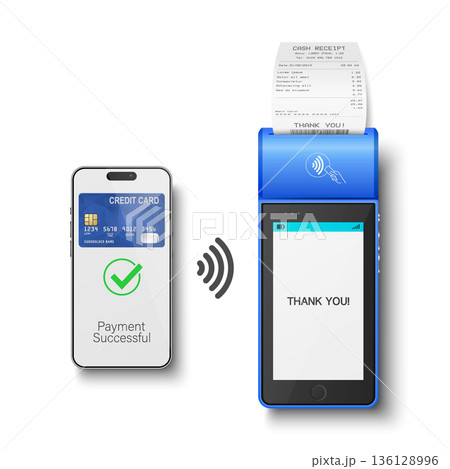 Vector 3d Realistic Blue NFC Payment Terminal with Smartphone Closeup. Approved Payment and Successful Transaction. Contactless Payment Machine Template, Bank Card Transaction POS Terminal Vector 3d Realistic Blue NFC Payment Terminal with Smartphone Closeup. Approved Payment and Successful Transaction. Contactless Payment Machine Template, Bank Card Transaction POS Terminal 136128996