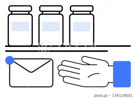 Pharmaceutical logistics, medical delivery, healthcare services, shipment management, supply chain, communication. Three bottles on a shelf, envelope and reaching hand. Pharmaceutical logistics 136129081
