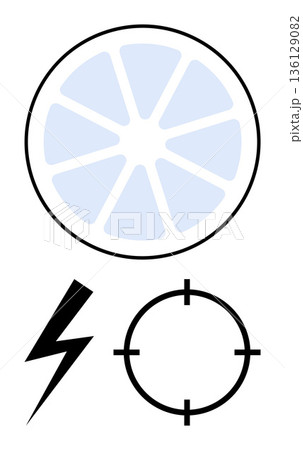 Fresh ideas, energy, precision targeting, branding, logos, minimal design. Abstract citrus slice, lightning bolt and target symbols. Fresh ideas and energy 136129082