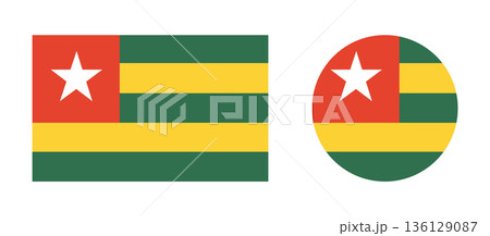 Flat of Togo circle, rectangle badges set. Togo flag round, rectangular button, banner, icon collection. National circular Togo flag country symbol. Flat of Togo circle, rectangle badges set. Togo flag round, rectangular button, banner, icon collection. National circular Togo flag country symbol. 136129087