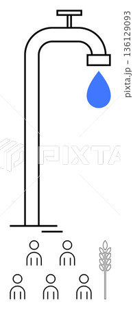 Water scarcity, agriculture, public resources, sustainability, community needs, environmental awareness. A faucet with a water drop, people icons and wheat. Water scarcity and agriculture Water scarcity, agriculture, public resources, sustainability, community needs, environmental awareness. A faucet with a water drop, people icons and wheat. Water scarcity and agriculture 136129093