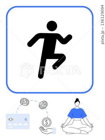Wellness, banking, personal finance, mindfulness, active lifestyle, digital economy. Fitness figure running, financial flow with coins and card meditating person. Wellness and banking concepts 136129094