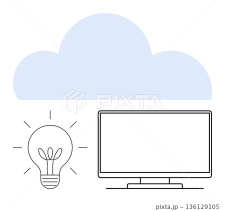 Cloud storage, technological innovation, remote work, data solutions, digital access, creative thinking. Light bulb, monitor and cloud symbol. Cloud computing and technological innovation ideas 136129105