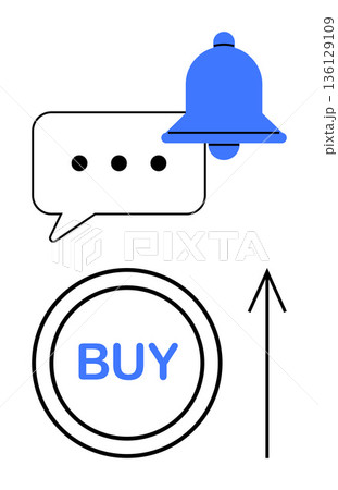 E-commerce, digital marketing, online shopping, business notifications, user engagement, customer interaction. Messaging bubble, bell symbol and buy button with arrow. E-commerce and digital E-commerce, digital marketing, online shopping, business notifications, user engagement, customer interaction. Messaging bubble, bell symbol and buy button with arrow. E-commerce and digital 136129109