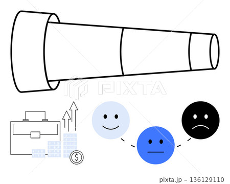 Business growth, decision-making, emotional analysis, future goals, financial planning, productivity. Telescope with finance icons, emotions reflecting emotions. Business growth and decision-making 136129110