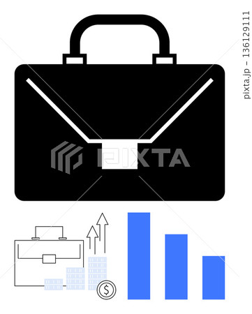 Business development, financial growth, success planning, economic strategies, investment analysis, productivity. Bold black briefcase, bar chart and financial symbols. Business development Business development, financial growth, success planning, economic strategies, investment analysis, productivity. Bold black briefcase, bar chart and financial symbols. Business development 136129111