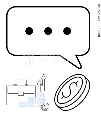Financial planning, communication, growth strategies, business analysis, investment concepts, commerce. Speech bubble, briefcase dollar coin and growth icons. Financial planning and communication 136129130