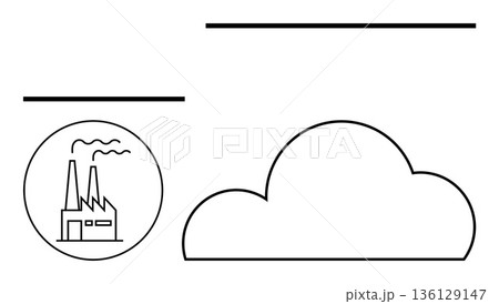 Industry, pollution, sustainability, environment, climate change, air quality. Factory icon emitting smoke next to a cloud. Pollution and sustainability concepts related to environmental impacts 136129147
