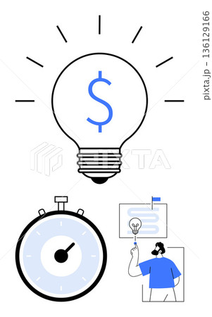 Business strategy, creative thinking, financial planning, productivity, time management, workflow optimization. Light bulb with dollar sign, stopwatch person pointing at a chart. Creative thinking Business strategy, creative thinking, financial planning, productivity, time management, workflow optimization. Light bulb with dollar sign, stopwatch person pointing at a chart. Creative thinking 136129166