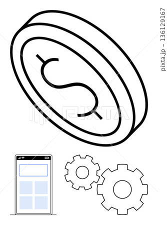 Financial technology, mobile banking, fintech automation, online transactions, software development, payment integration. Coin icon with gears and phone interface. Financial technology, mobile 136129167