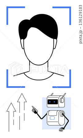Facial recognition, identity authentication, artificial intelligence, tech advancements, user interface, innovation. A profile inside recognition brackets with arrows and a robot illustration. Facial 136129183