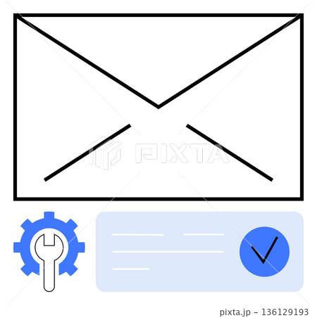 Email management, secure communication, configuration tools, identity verification, inbox control, and data authentication. Icon of an envelope with settings gear and checkmark. Email management 136129193