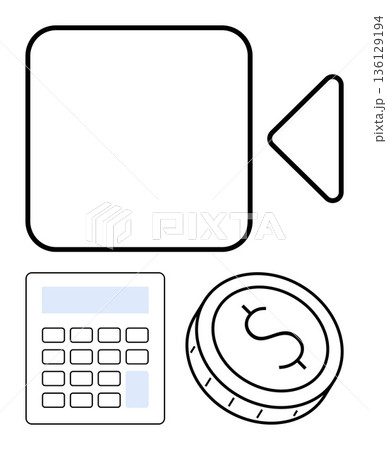 Digital marketing, budgeting, online payments, e-commerce, financial planning, content creation. Camera icon, calculator and coin with dollar sign. Financial planning and e-commerce concept 136129194
