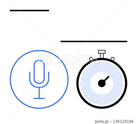 Audio recording, time management, productivity, speech-to-text, digital tools, workflow optimization. Microphone in a blue circle and stopwatch with timer. Audio recording and time management concept 136129196