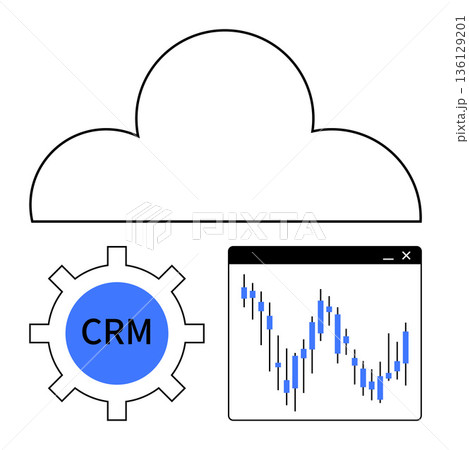 Digital transformation, data analytics, business solutions, cloud services, CRM systems, financial insights. Cloud icon with CRM gear and stock chart. Digital transformation and data analytics 136129201