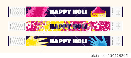 Holi festival entry ticket set with yellow and purple powder and pichkari water guns illustration 136129245