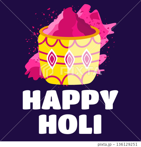 Holi greeting banner with bucket of pink colorful powder illustration 136129251