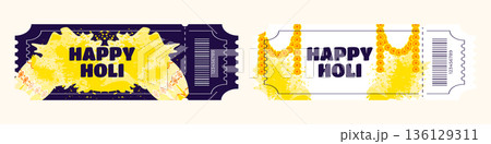 Holi festival entry ticket set with paint buckets yellow powder and traditional flower decorations illustration 136129311
