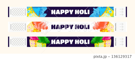 Holi festival wristband set with blue orange green and pink powder in paint buckets illustration Holi festival wristband set with blue orange green and pink powder in paint buckets illustration 136129317