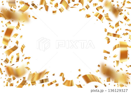 Golden confetti frame with ribbons and glitter particles. Festive celebration background for birthday parties and special events. Vector illustration Golden confetti frame with ribbons and glitter particles. Festive celebration background for birthday parties and special events. Vector illustration 136129327