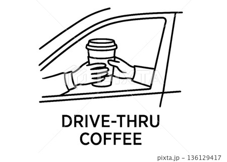 Drive-Thru Coffee Service Line Art Illustration. Hands passing hot takeaway cup through car window. Drive-Thru Coffee Service Line Art Illustration. Hands passing hot takeaway cup through car window. 136129417