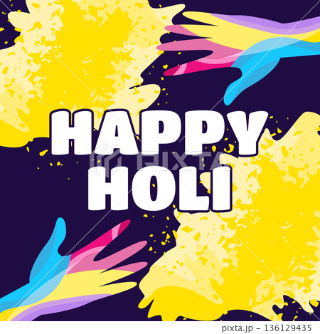 Holi greeting banner with yellow powder and painted hands illustration 136129435