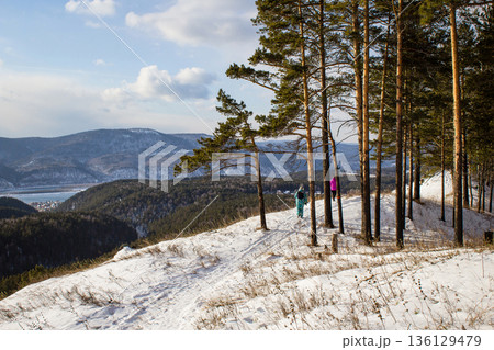 Man and woman hiking on a snowy trail in the siberian taiga. Winter forest with pine trees and mountains for winter travel. Man and woman hiking on a snowy trail in the siberian taiga. Winter forest with pine trees and mountains for winter travel. 136129479