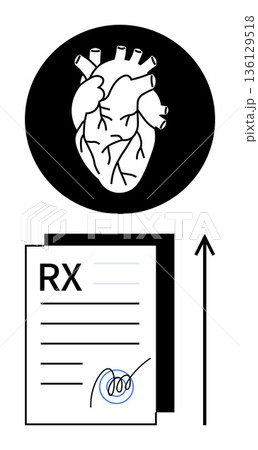 Heart health, prescription services, cardiology, medical care, healthcare documentation, wellness initiatives. Anatomical heart symbol above a signed RX prescription paper. Heart health 136129518