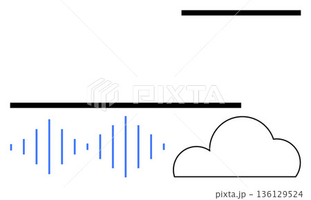 Technology, cloud storage, communication, data sharing, sound transmission, internet services. Minimalist image displaying a cloud, sound wave lines and horizontal bars. Cloud storage 136129524
