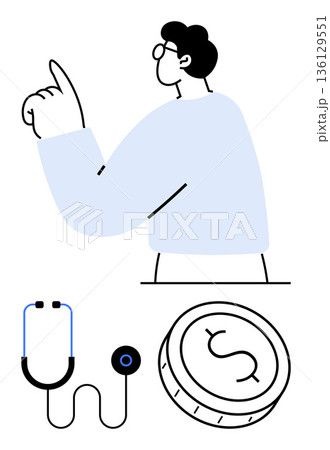 Healthcare, financial planning, medical cost, economy, decision-making, resource allocation. Person pointing upward, stethoscope and coin symbol. Healthcare and financial planning concept 136129551