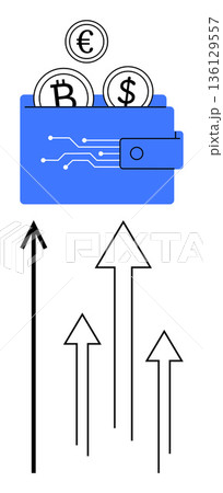 Cryptocurrency, digital banking, investment growth, financial technology, digital payments, blockchain strategies. A wallet with Bitcoin, Euro Dollar coins and rising arrows. Cryptocurrency Cryptocurrency, digital banking, investment growth, financial technology, digital payments, blockchain strategies. A wallet with Bitcoin, Euro Dollar coins and rising arrows. Cryptocurrency 136129557