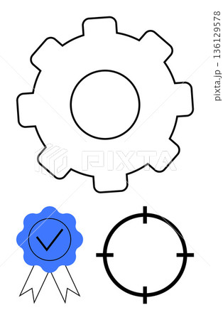Business, achievement, accuracy, goals, efficiency, certification. Gear symbol, target mark blue ribbon with checkmark. Achievement and certification concepts for workplace and education 136129578