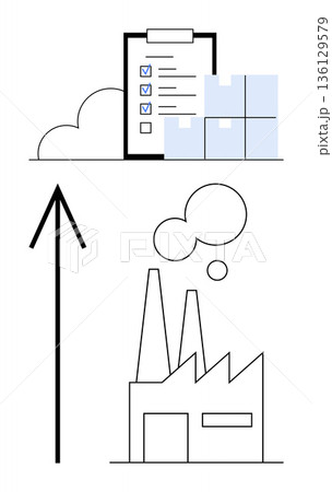 Inventory management, supply chain, production efficiency, manufacturing, logistics, industrial processes. A checklist, storage boxes and factory graphics. Inventory management and supply chain 136129579
