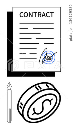 Business agreements, legal documents, financial transactions, signatures, partnerships, commerce. Contract document with signature, pen and dollar coin. Business agreements and legal documents 136129580