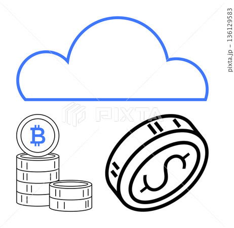 Cryptocurrency, digital economy, cloud storage, blockchain, financial technology, data security. Illustration of a cloud and coin stacks with Bitcoin symbol and dollar coin. Cryptocurrency 136129583