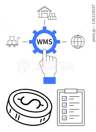 Inventory management, business logistics, supply chain, warehouse solutions, financial tracking, technology. Gear with WMS, checklist currency coin and logistics icons. Inventory and logistics Inventory management, business logistics, supply chain, warehouse solutions, financial tracking, technology. Gear with WMS, checklist currency coin and logistics icons. Inventory and logistics 136129587
