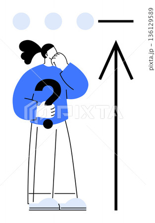 Decision-making, guidance, problem-solving, questioning, goal orientation, direction. A person holds a question mark, an upward arrow and abstract dots visible. Decision-making and guidance Decision-making, guidance, problem-solving, questioning, goal orientation, direction. A person holds a question mark, an upward arrow and abstract dots visible. Decision-making and guidance 136129589